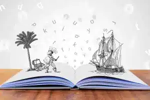 Storytelling: livro aberto ao meio com várias imagens saltando dele: um pirata em uma ilha, ao lado de um baú de tesouro e uma árvore. Na página ao lado, uma caravela ao mar.