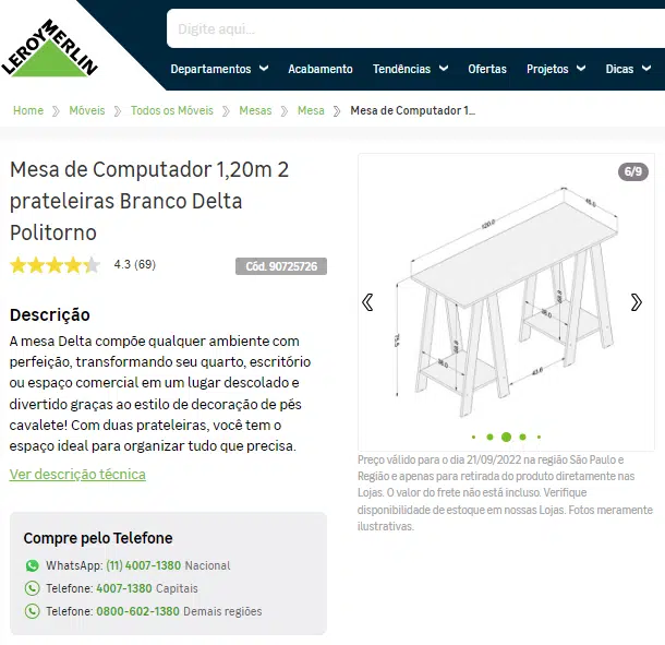 Como escolher as melhores palavras-chave para produzir conteúdo: Print Screen da página de produto mesa de computador no site da Leroy Merlin.