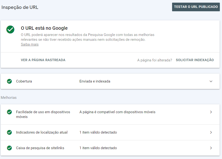 Google Analytics: tela Inspeção de URL no Google Search Console.