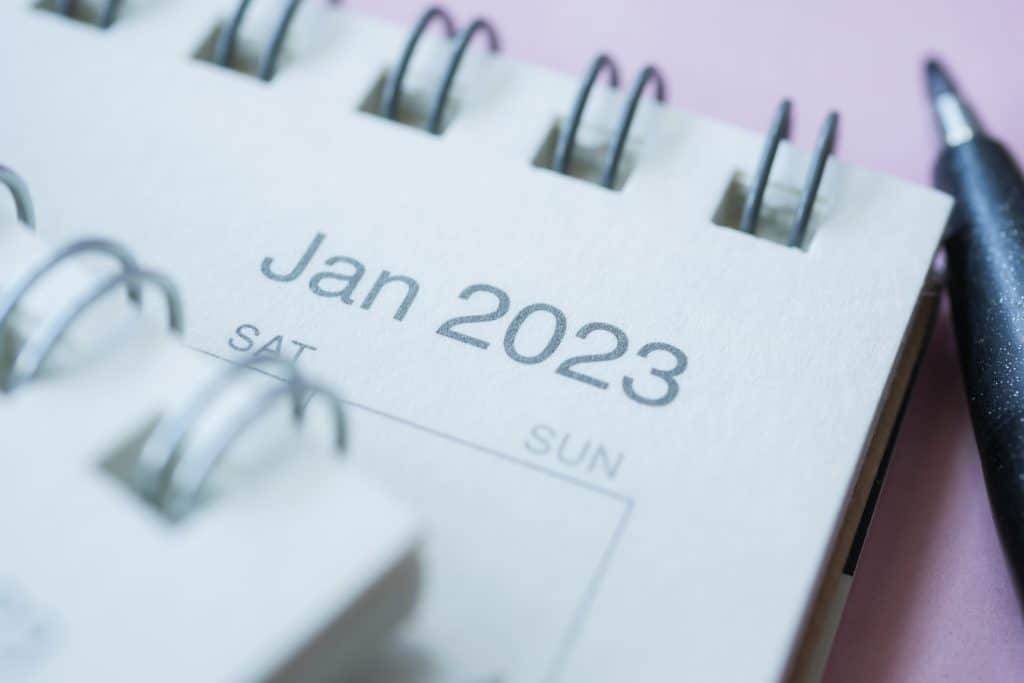 Marketing de conteúdo: calendário no mês de janeiro de 2023.