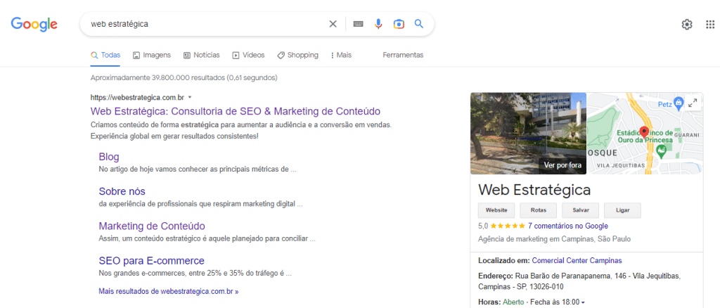 SEO local: página de resultados do Google para “Web Estratégica” com perfil do Google Meu Negócio à direita.