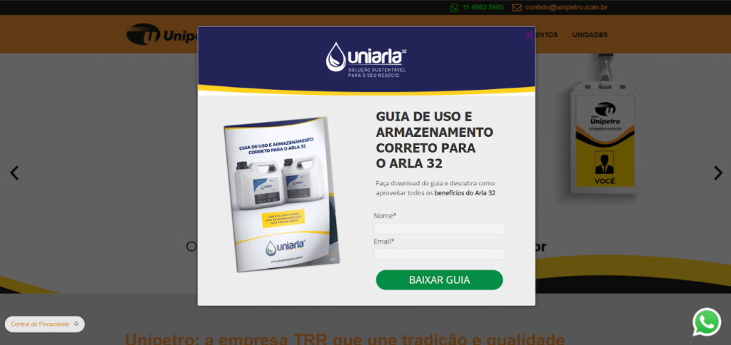 Exemplo de conteúdo de valor no site da empresa Unipetro